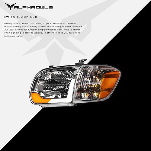 Miniatura 4 de Alpha Owls 8719862 Faros delanteros de cristal con luces de esquina de señal y barra de luz LED secuencial Switchback de 4 piezas, ámbar cromado