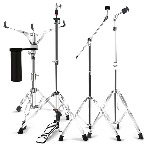 Straight Cymbal Stand + Boom Cymbal Stand + Hi Hat Stand + Snare Drum Stand + Drum Sticks Holder,Adjustable Drum Hardware Percussion Mount Holder Gear Set for Crash, Ride, Splash Cymbal (5 Pack Set)