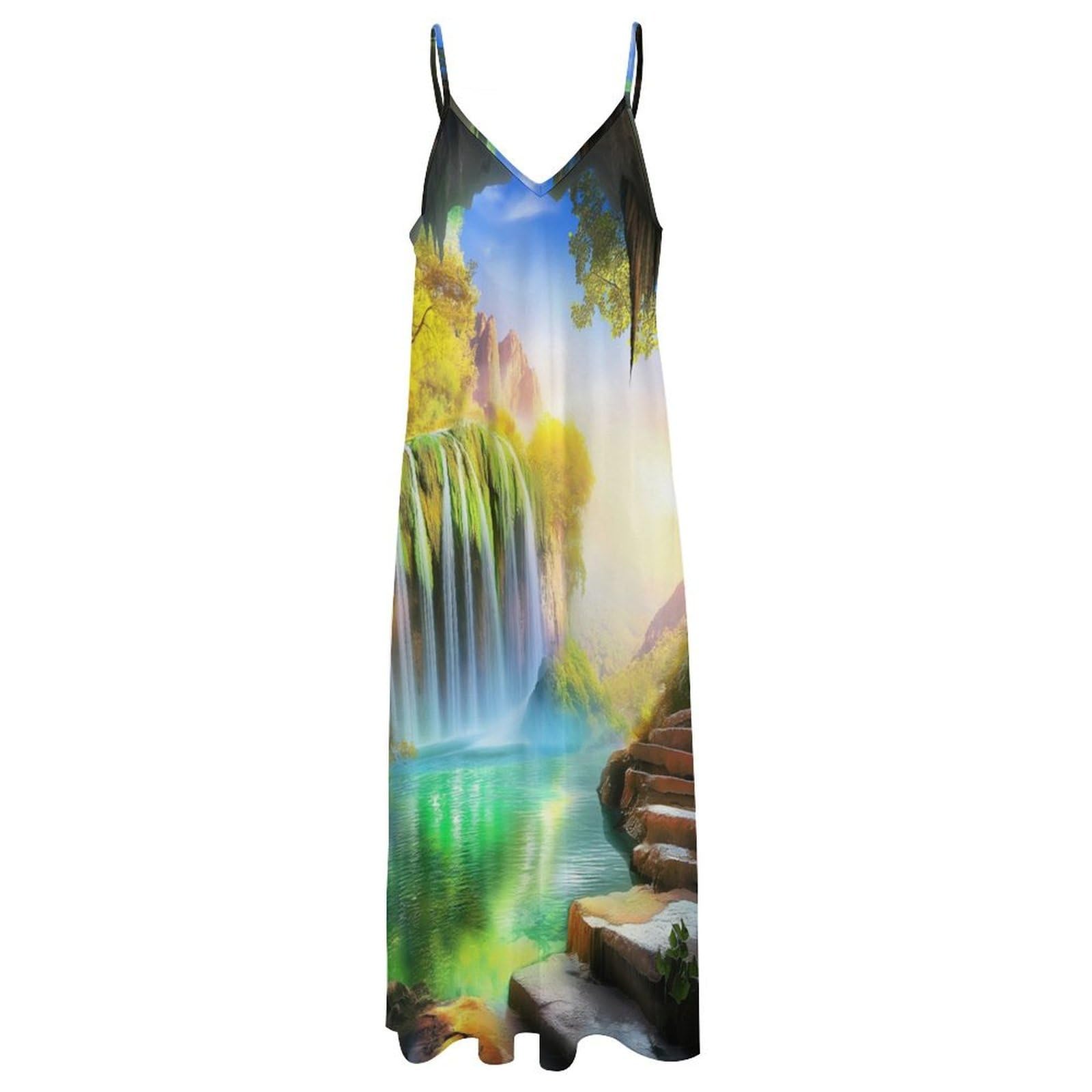 Vestido De Verano para Mujer - Paisaje De Cascada Vestidos De Tirantes Finos, Tallas S-5Xl, Informales, con Escote En V, Sin Mangas, Largos, De Verano, Sexys, para La Playa, Estilo Urbano.
