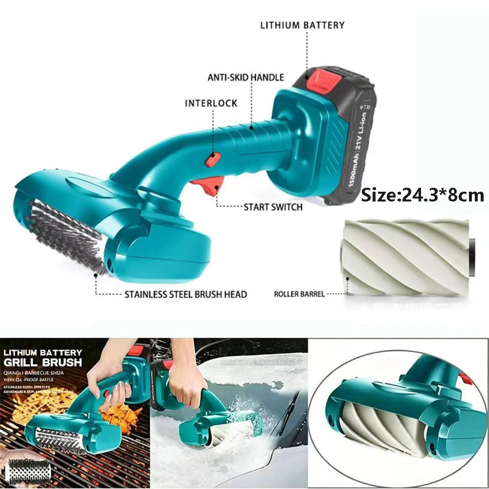 Spazzola Multifunzione Senza Fili Da 21 V Con Testine Intercambiabili In Acciaio Inossidabile E Nylon, Design Con Deflettore Antiolio Per Griglie, Sbrinamento Finestrini Auto E Rimozione Neve