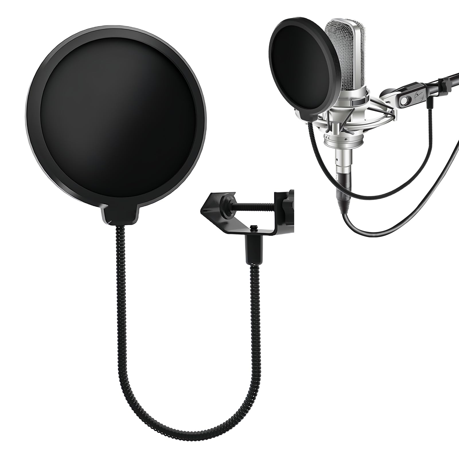 Microphone Pop Filter Mask Shield for Blue Yeti 4 Inch Mic Dual Layer Wind Pop Screen with a Flexible 360° Gooseneck Clip Stabilizing Arm, Professional Sound Shield Guard Windscreen