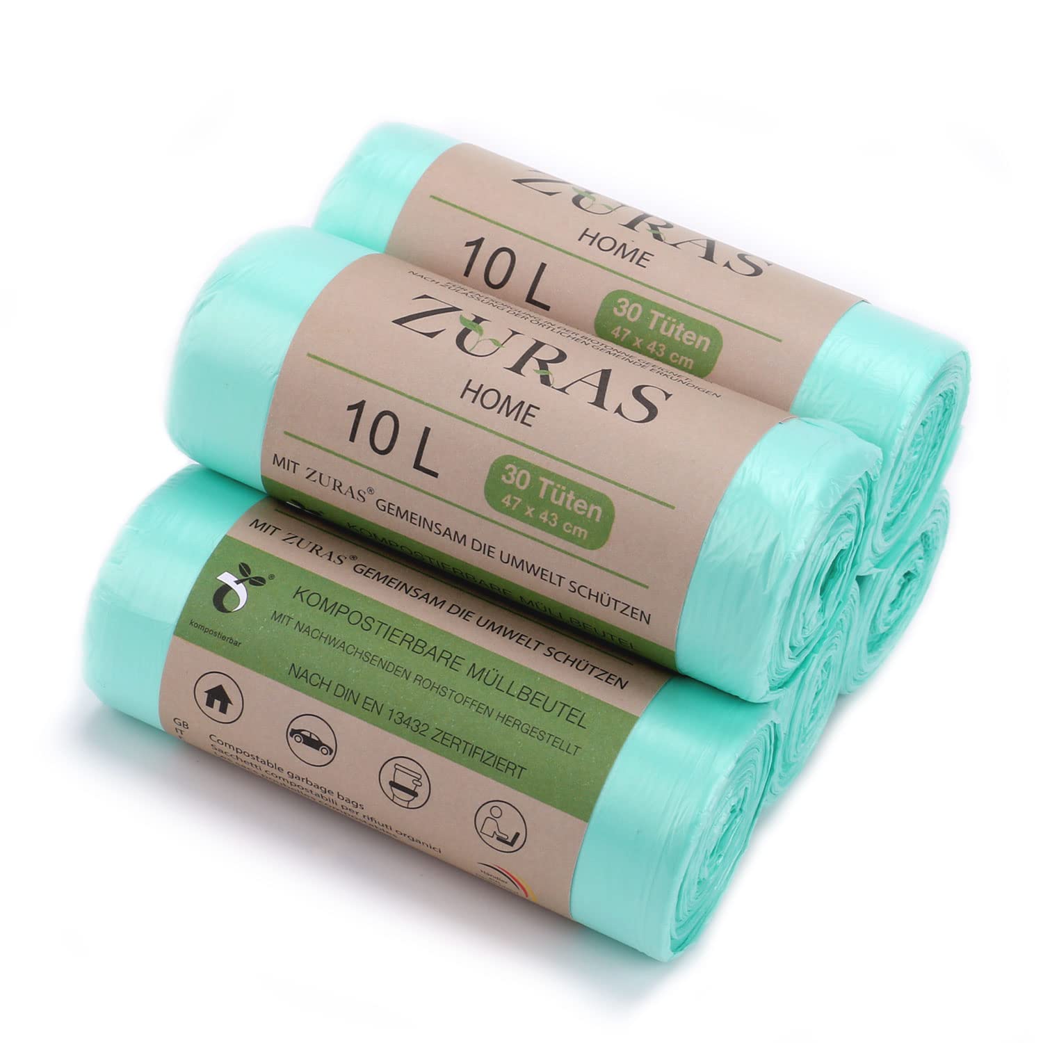 ZURAS 10 Litre Organic Bin Liners, Pack of 150, Compostable, Biodegradable Bin Liners on Plant-Based, DIN EN 13432 Certified and Tested, Waterproof and Tear-Resistant