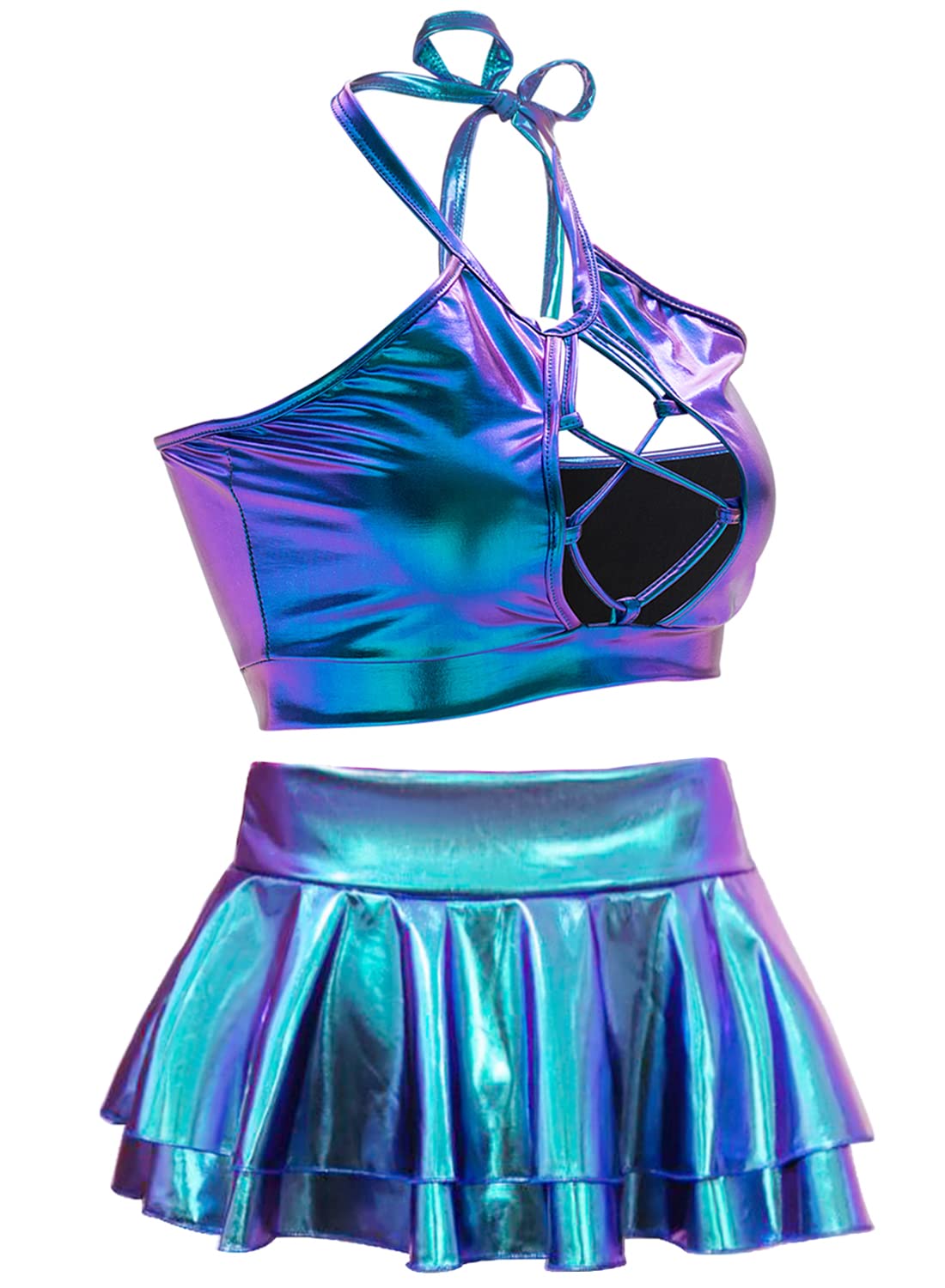 SFBBCLOZWomen's Rave Outfit Sets For Women Festivals 2 Pcs Metallic Tops Skirt EDM Party Club Holographic Rave Outfits