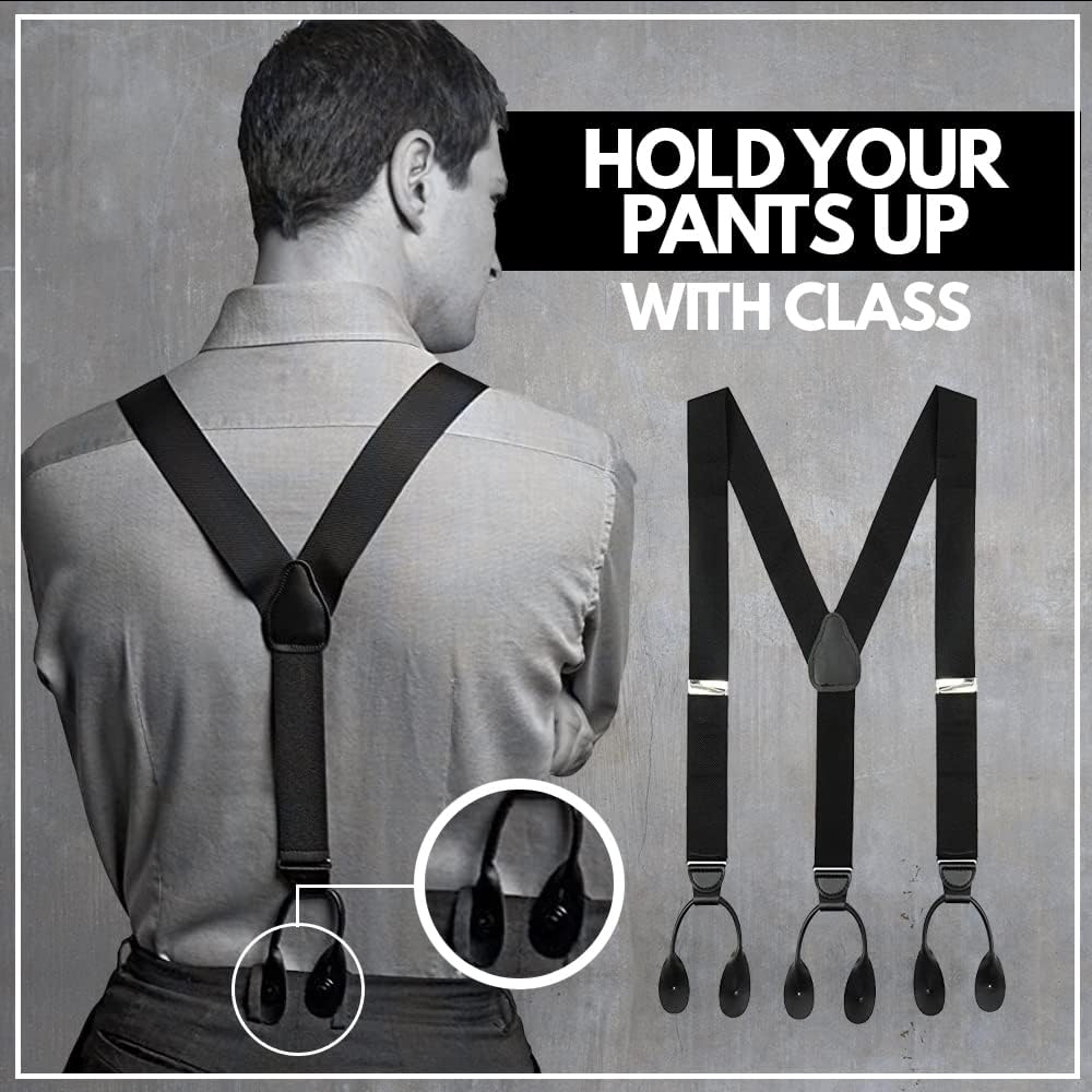 HOLD'EM Suspender for Men MADE IN USA – Y-Back Genuine Leather Trimmed Button End Non-Stretch Tuxedo Suspenders