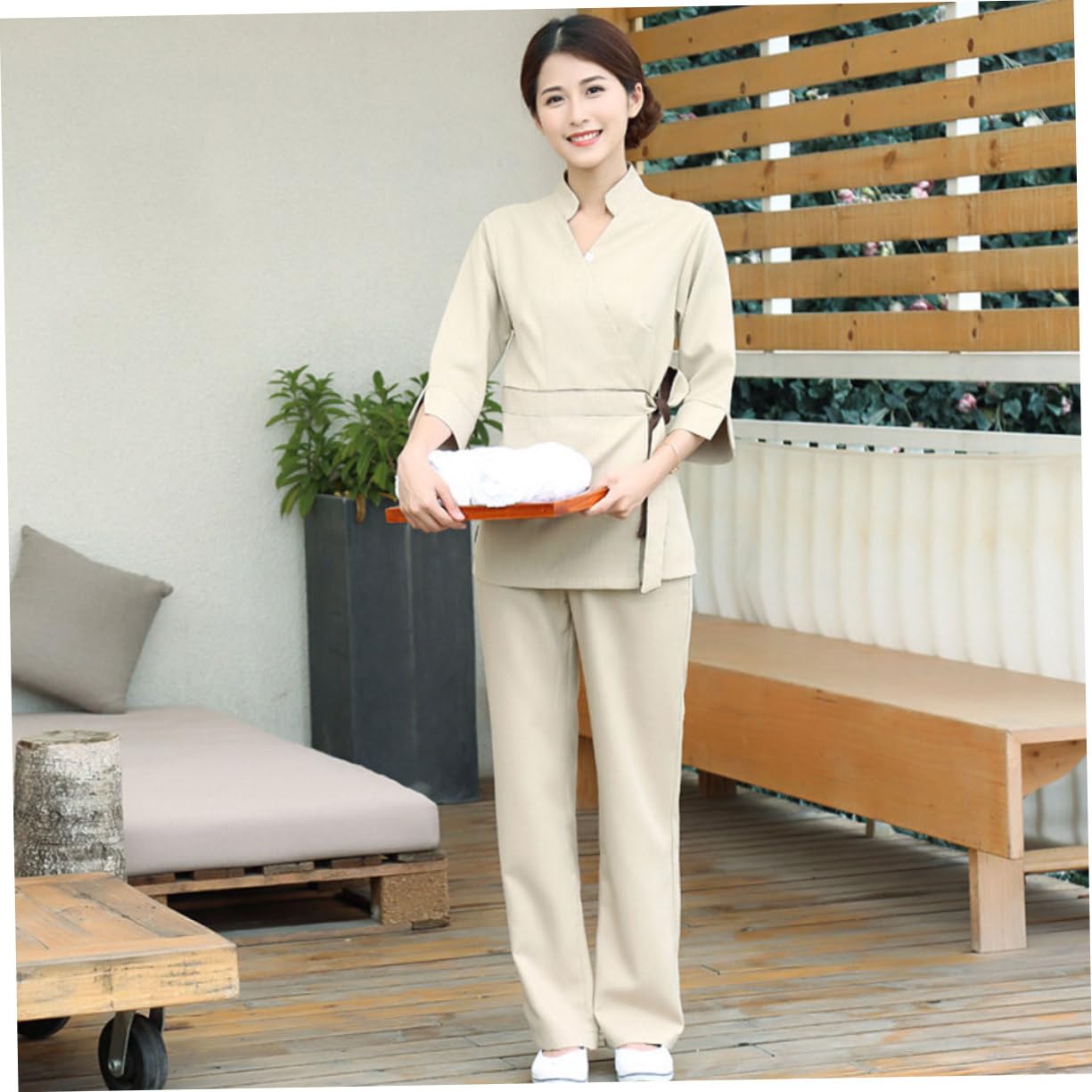 Healeved Beautician Uniform Set 2pcs v Neck Top Cotton Nursing Dress Stylish Work Suit for Beauty Salons Size l