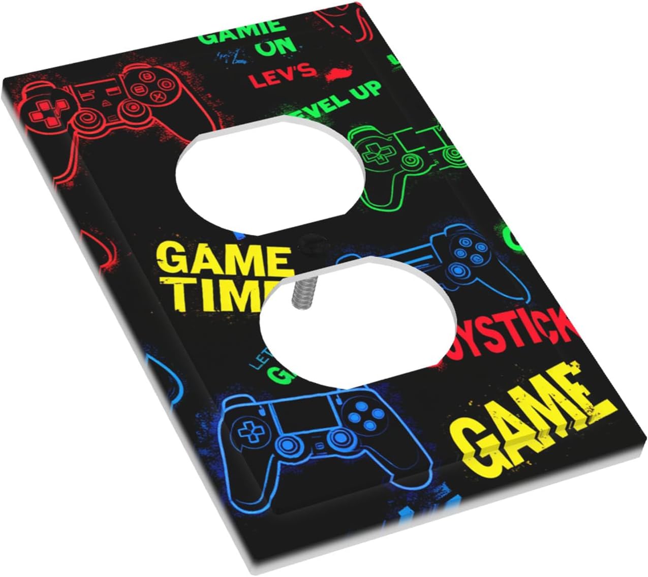Neon Gamer Controller Pattern Duplex Wall Plate - 1-Gang Standard US Size Level Up Gaming Outlet Covers for Game Room Decor