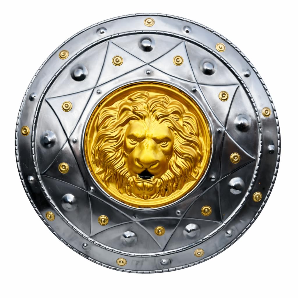 Medieval Warrior Shield, Silver and Gold, Lion Head Design, Round Battle Shield with Star Pattern, Decorative Costume Accessory