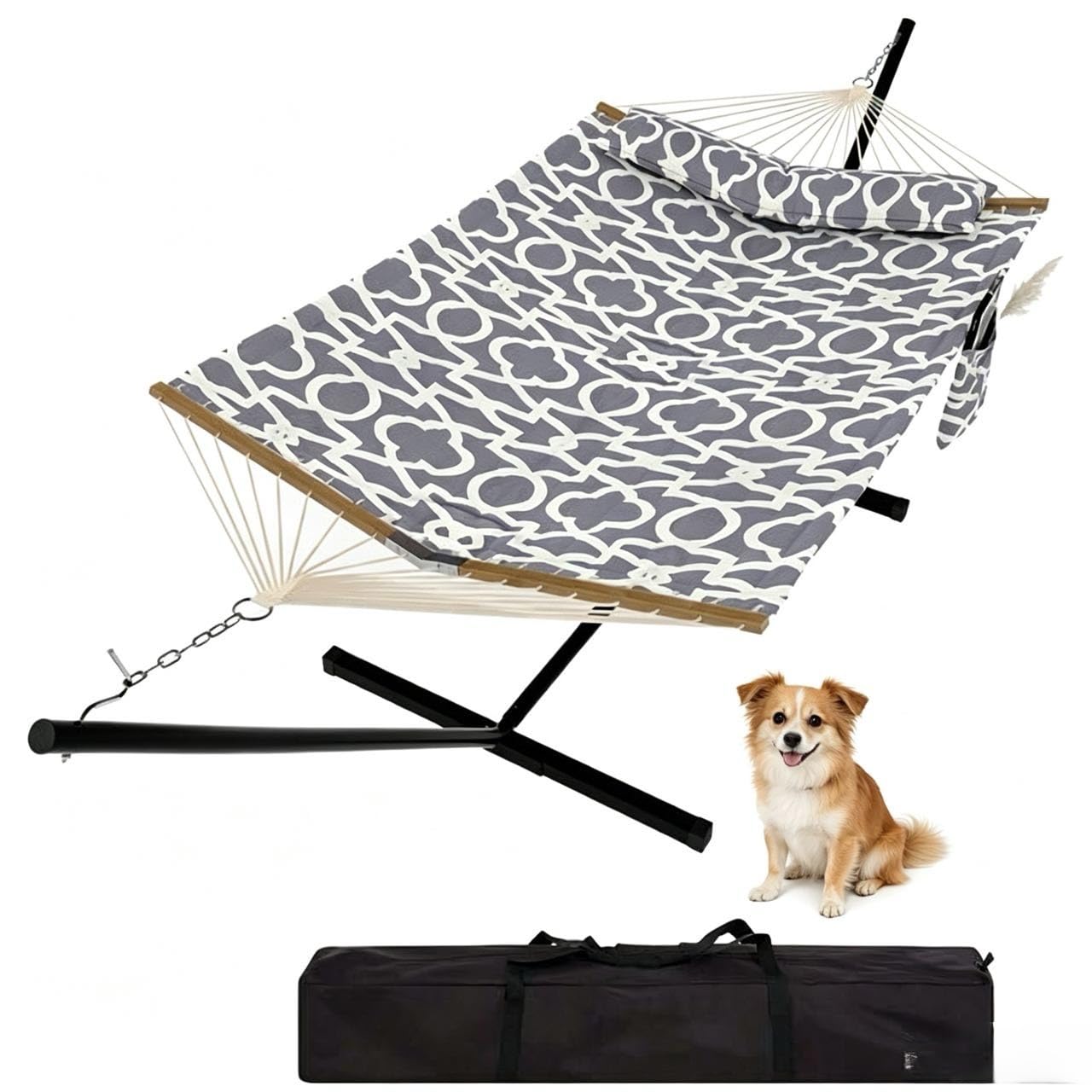 450Lbs Hammock with Stand, Garden Double Hammocks with Stable Metal Stand, Detachable Pillow, v Shaped Hardwood Spreader Bar for Indoor, Outdoor, Backyard, Beach, Light grey texture