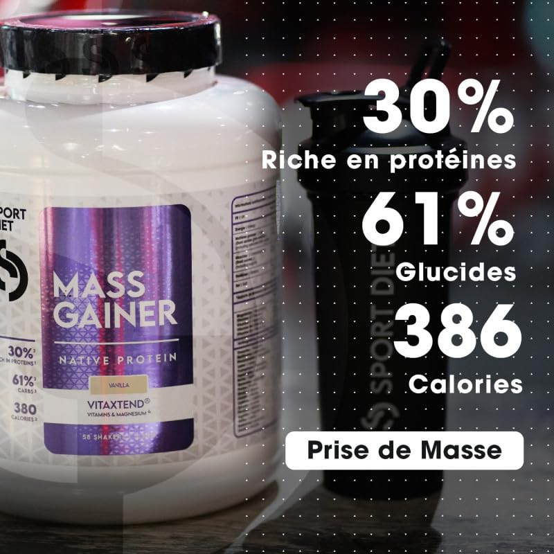 MASS GAINER VITAXTEND – Gainer Riche en Protéines & Glucides – Soutien à la Croissance Musculaire & Énergie – Vitamines B6, C, D3, E – Réduction de la Fatigue & Récupération – 3500g – SportDiet