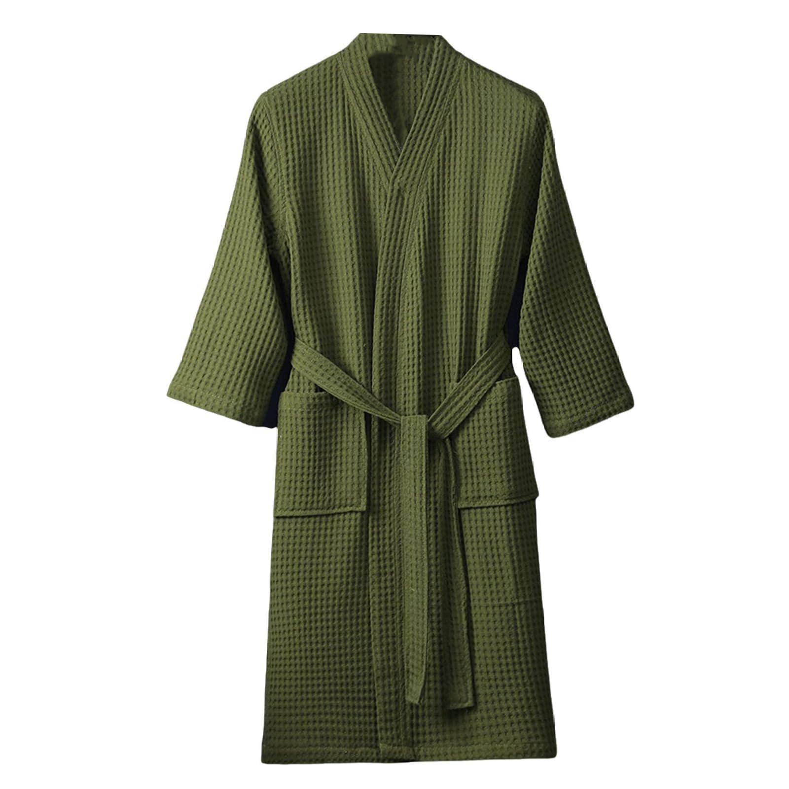 HGKPFGTG Men & Women Long Sleeve Kimono Bathrobe Lightweight Waffle Absorbent Spa Robe with Belt and Pockets,Green,M