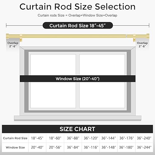 Miniatura 5 de Paquete de 2 barras de cortina doradas para ventanas de 18 a 45 pulgadas (1.5-3.75 pies), barras de cortina de 1 pulgada de diámetro con remates de