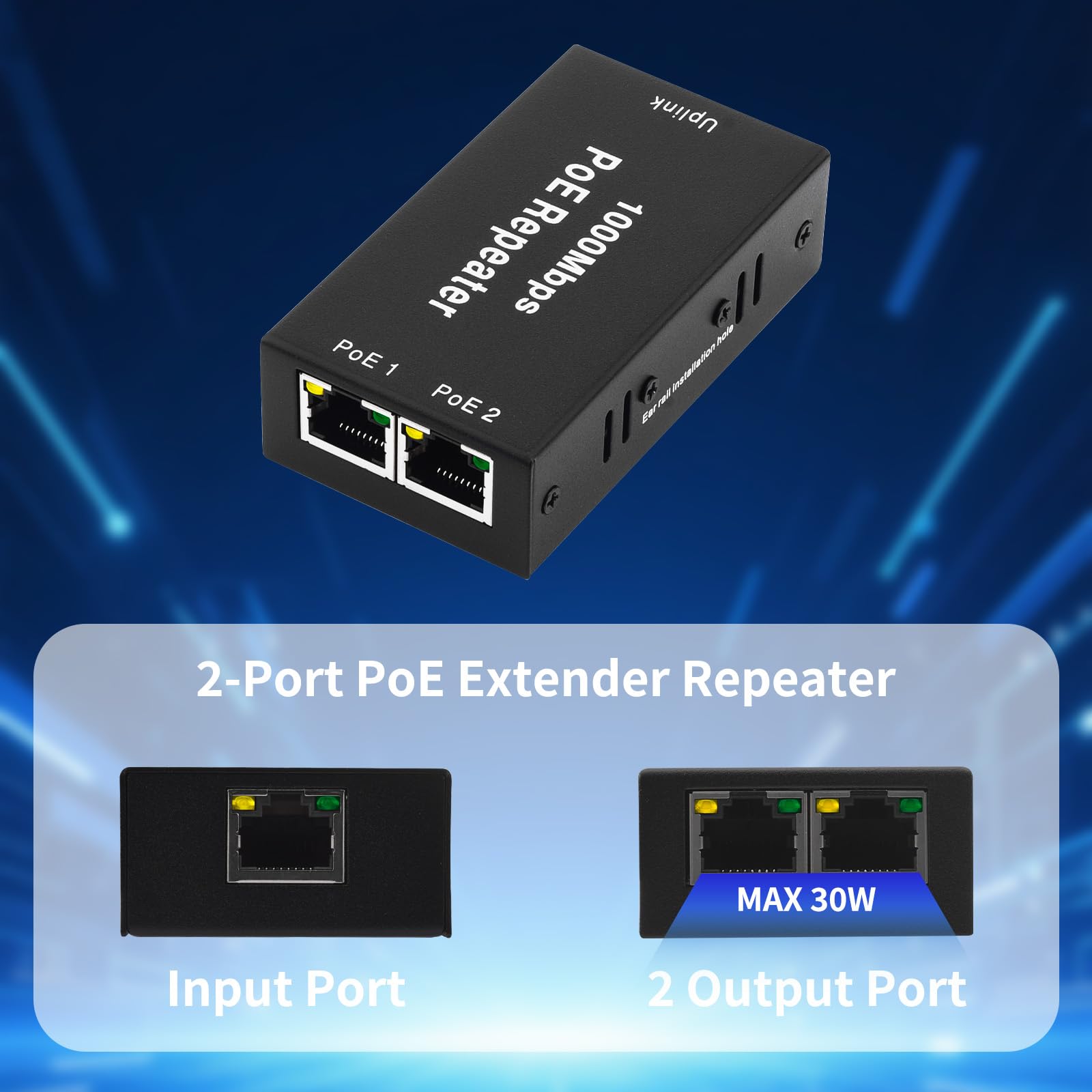 2 Port PoE Extenseur Gigabit, 1 PoE in 2 PoE Out Extender, IEEE 802.3af/at Compatibles 1000 Mbps, Wall Mount Waterproof Extension Supplémentaire de 100 m pour Caméras PoE Plug and Play
