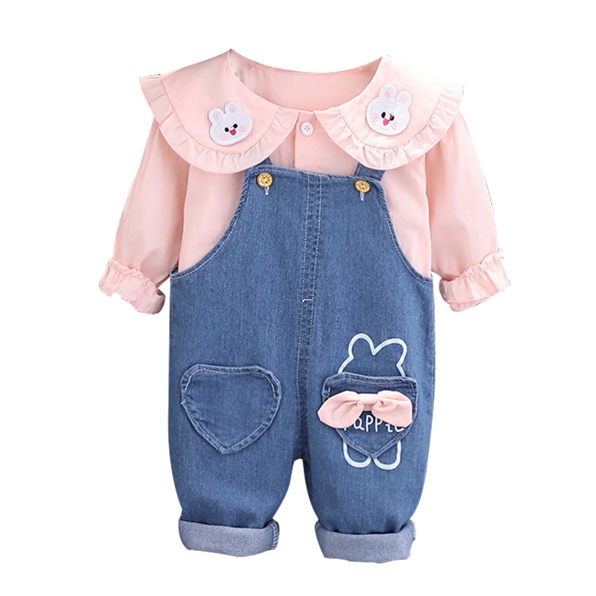 Salopette da bambina, 6 mesi, 6 anni, taglia 74/80/86/92, a maniche lunghe, con volant, coniglio, colletto rovesciato, camicia, salopette da bambina, con tache, taglia 98/104/110/116