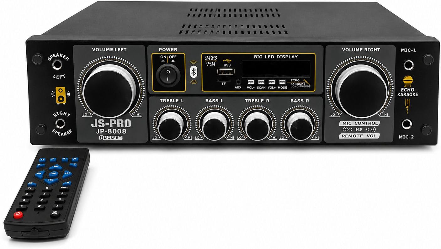 JP-8008 8 MOSFET Stereo Digital Sound Amplifier | Bluetooth Connectivity, Dual Mic with Echo, USB/TF/FM/AUX Inputs, Remote Control Included, Built-In Cooling Fan-image-3