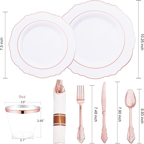 Miniatura 2 de WDF Juego de vajilla de plástico desechable de 350 piezas de oro rosa, platos barrocos de oro rosa que incluyen 100 platos de oro rosa desechables,