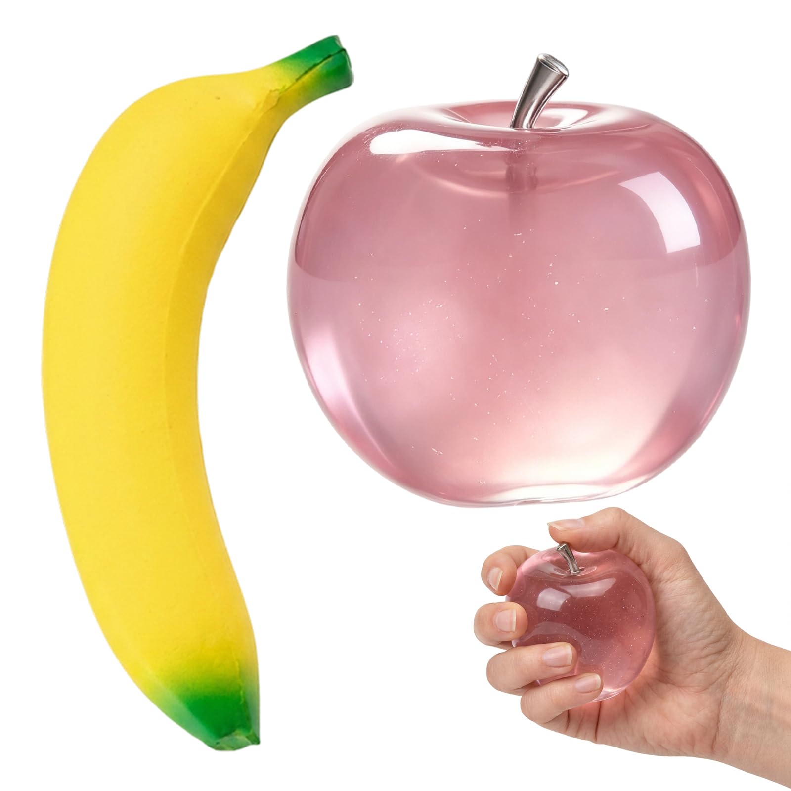 2 PCS Banana Squishy and Apple Squishy, Soft Squeeze Objects for Desk Decor, Portable Focus Assistants for Office, Classroom and Travel, Daily Management Tool for Adults