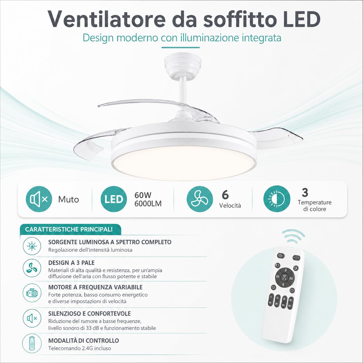 MAKA Ventilatore Ultra Silenzioso da Soffitto con Luce Led 60 watt, 6 Velocità - 3 Pale PVC Reversibili - Motore 30 watt - 220V IP20, Plafoniera Dimmerabile (Luce 60 w - Motore 30 w)