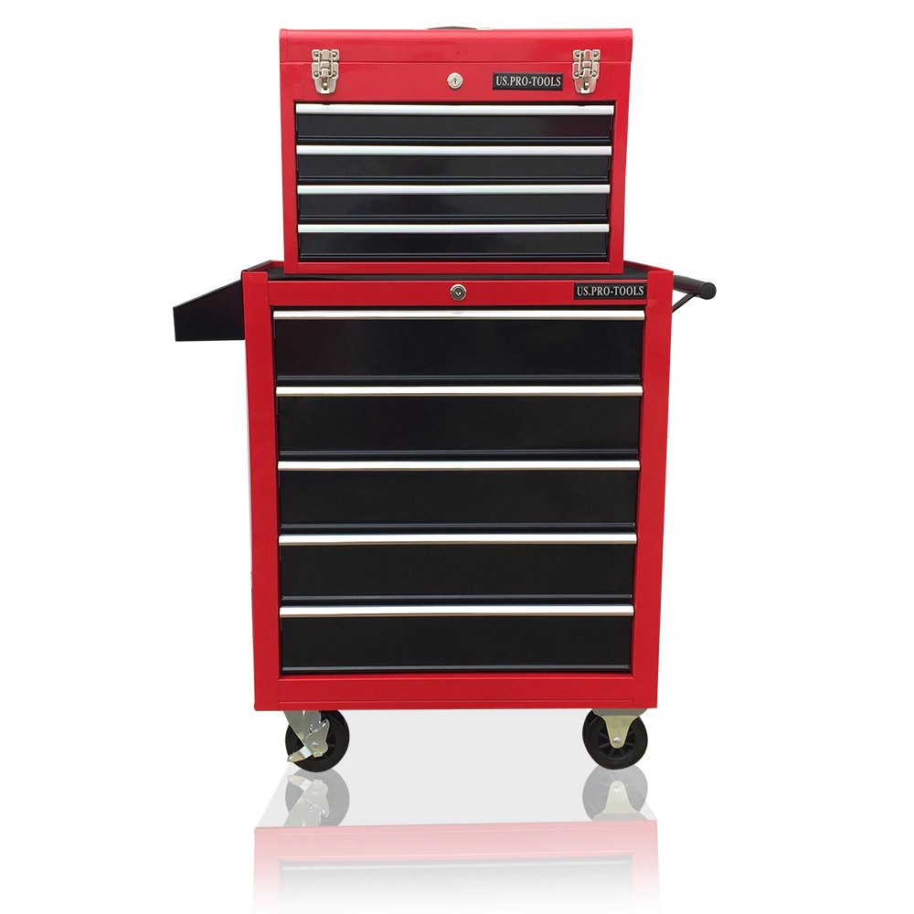 US PRO TOOLS Red Black Mechanics Tool Chest Tool Box Roller Tool 9 Drawers on Ball
