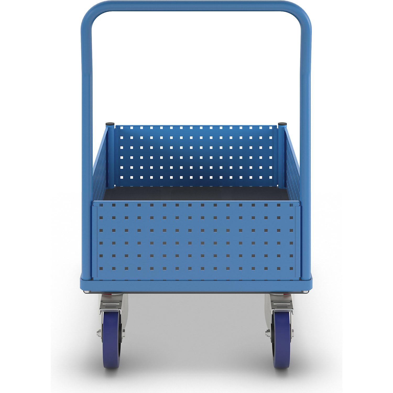 eurokraft pro | Plattformwagen | Mit 4 halbhohen Lochblechwänden, LxB 1050 x 700 mm, Vollelastik
