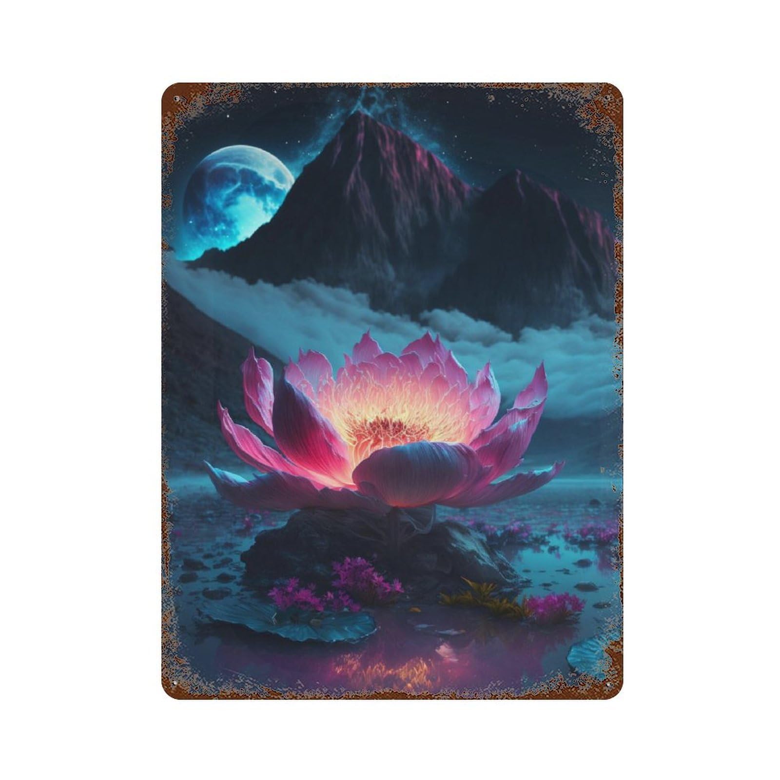 Enchanted Lotus Pond Night Scene Rust Effect Tin Sign 15.7"x11.8", Rustic Home Decor for Cafe, Home Bar And Lounge Decor