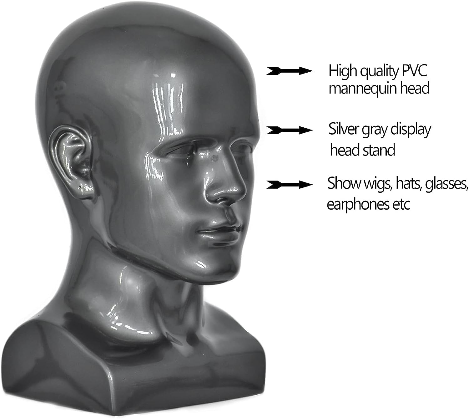 Professioneller Mannequinkopf für Herren, für Perücken, Hüte, Kopfhörer, Masken, Sonnenbrillen, Schmuck (Grau)