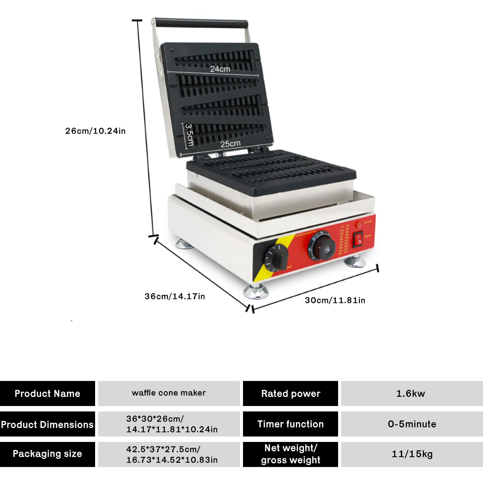 Gofrera Industrial, 1,6 Kw, Termostato Ajustable De 0 A 300 °C Y Temporizador De 1 A 5 Minutos. Ideal para Preparar Gofres, Conos Y Stroopwafels Cada Ocasión