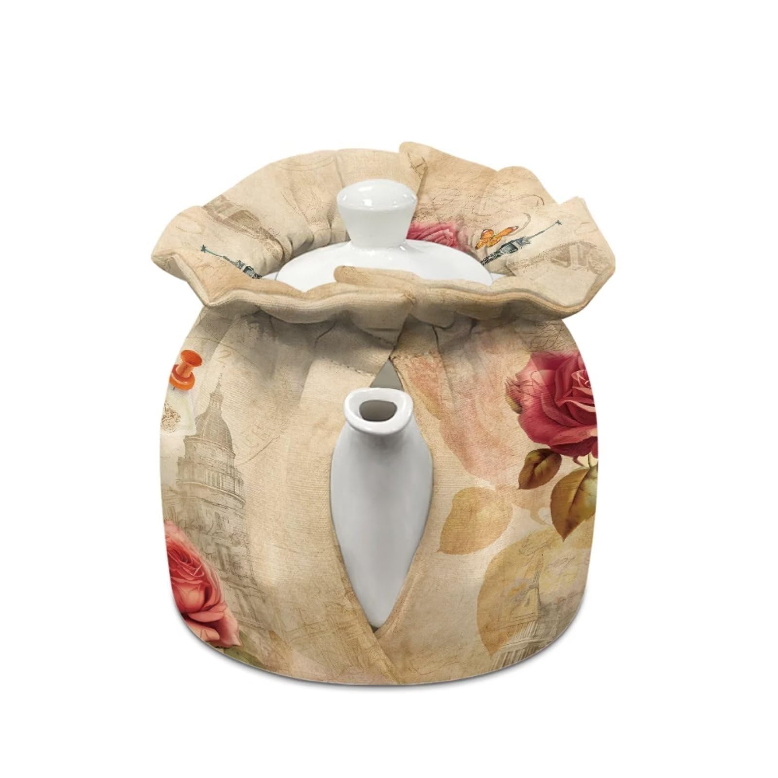 KUIFORTI Retro Rose Butterfly Teapot Cosy Vintage Tea Cozy Insulated Teapot Cover Eiffel Tower Decor Breakfast Warmer Coffee Pot Cover Dust Cover