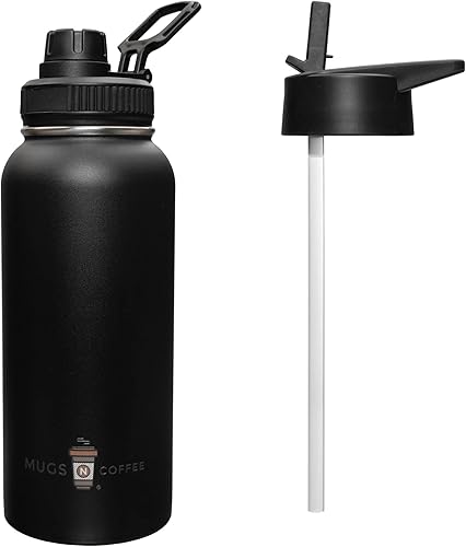 Botella de agua de acero inoxidable de doble pared aislada al vacío de 32 onzas con dos tapas taza con recubrimiento en polvo de 32 onzas negro