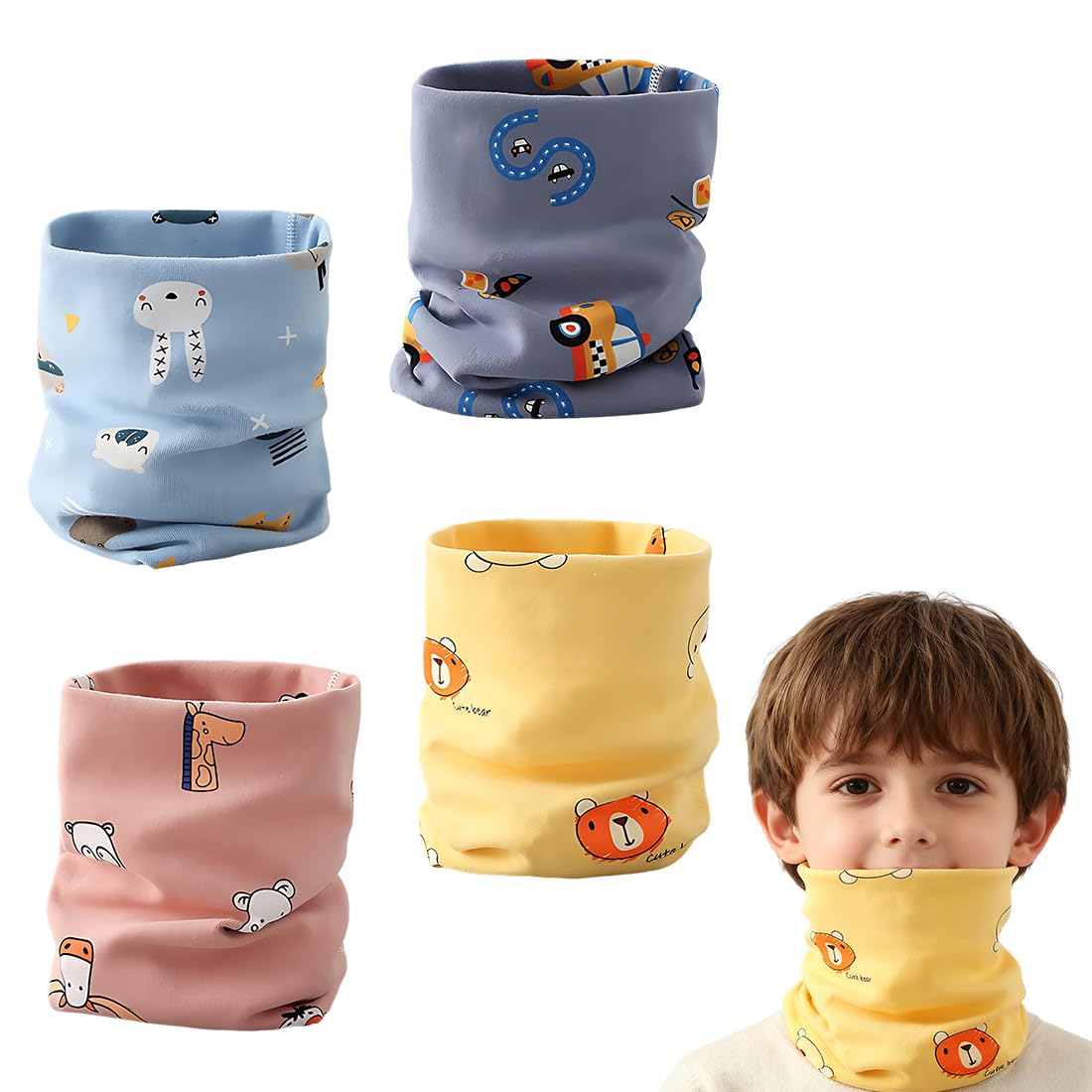 Bufandas Niña, 4 Pañuelos De Cuello De Algodón Con Diseños De Conejo Azul Claro, Coche Azul, Osito Amarillo Y Ciervo Rosa, Calentadores De Cuello Para Otoño E Invierno, Tamaño 0-12 Años, 4 Unid