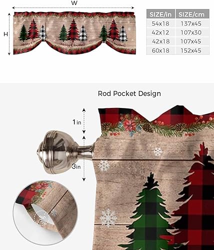 Miniatura 6 de Cenefas de ventana con diseño de árbol de Navidad, diseño de búfalo, para cocina, sala de estar, dormitorio, baño, lavable, copos de nieve rojos y