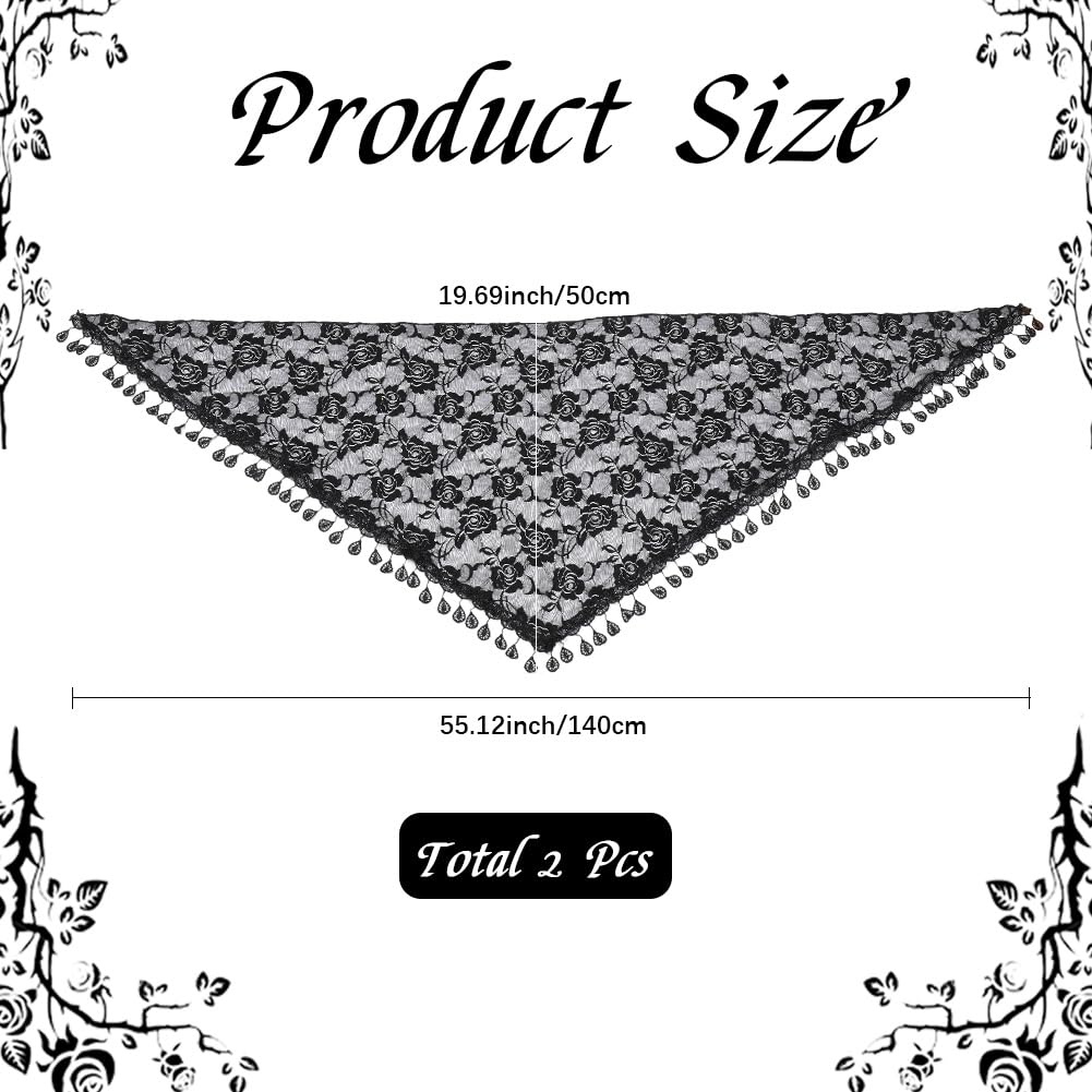 2 Velo Triangular de Encaje de Poliéster con Flores, Diade de Encaje, Chal, Bufanda Latina, Diade de Rosas Negras, Mantilla, Cátedra, Velo de Capilla para Mujeres, Da de Honor de Bodas