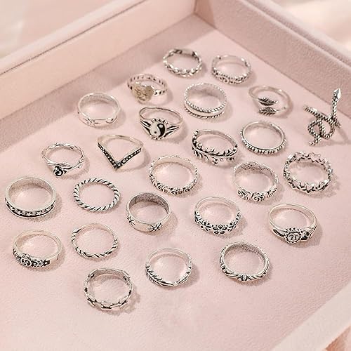 Miniatura 6 de Juego de anillos góticos para nudillos para mujer, anillos apilables negros y plateados, vintage para articulación de serpiente, estilo bohemio,