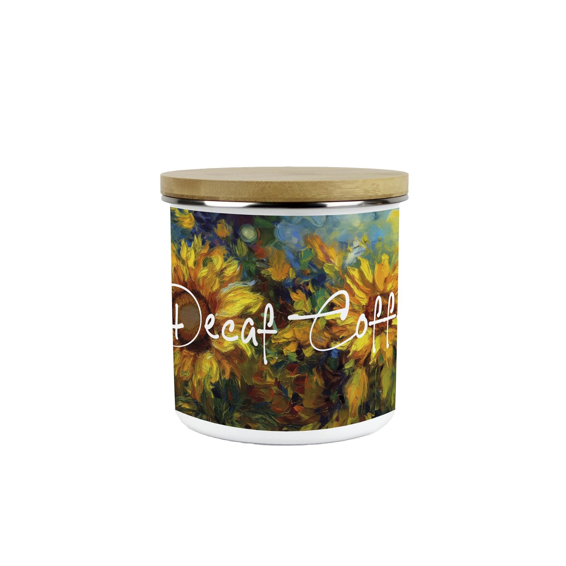 Purely Home Painted Sunflowers Decaf Coffee Storage Canister - Van Gogh Inspired Oil Paint Floral Artwork - Reusable Metal Enamel Medium Sized Kitchen Storage Container