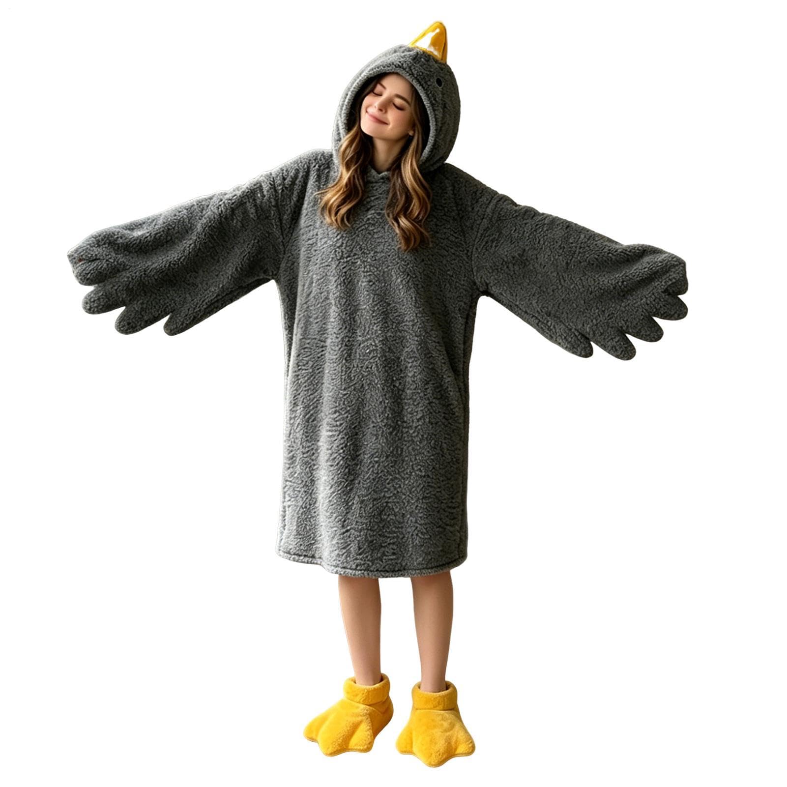 Big White Goose Wearable Blanket, Funny Goose Blanket Hoodie Onesie Costume with Slippers, Grey Duck Onesie Costume for Men Women, Snuggy Animal Clothes Duck Hoodie Pajamas Oversized, for Kids Adults