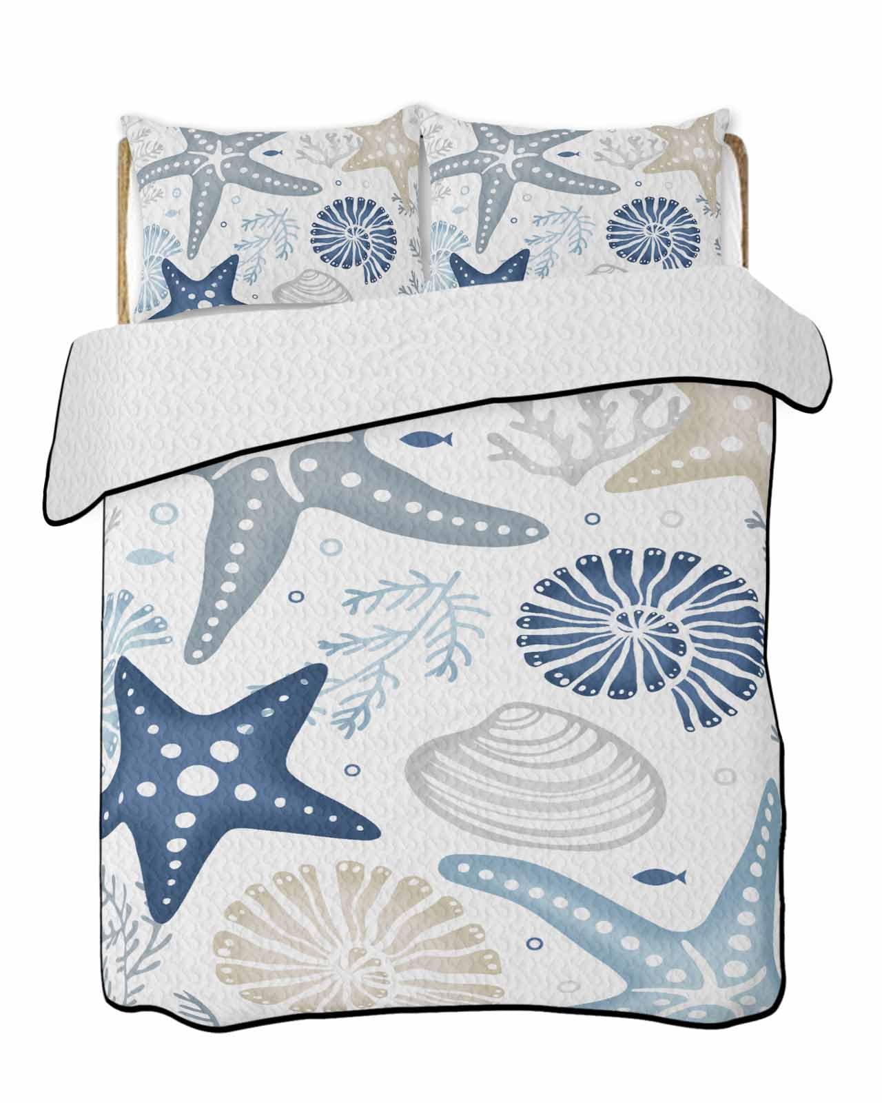 3-Piece Summer Quilt Full Size, Blue Starfish Coastal Lightweight Cooling Bedding Comforter Blanket with 2 Pillow Shams, Summer Beach Nautical Coral Sea Bedspreads Quilted Coverlet Sets 78