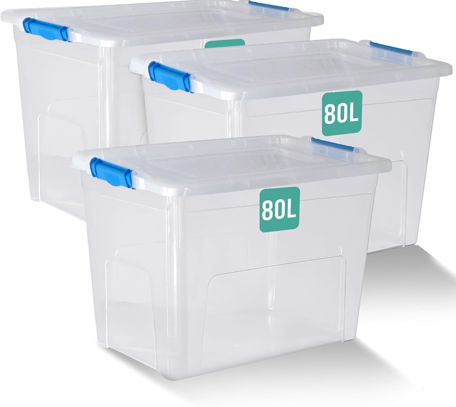Klass Home Collection Clear With Black Lid 3 X 80 Litre Large Plastic Storage Boxes With Lids - Heavy Duty Stackable 80L Large Storage Box With Lid, Big Plastic Containers For Home, Moving, Garage (3 X 80L, Clipping Lid)