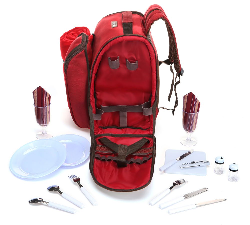 Highplus Deluxe Picnic Backpack for 2 Person Cutlery Hamper Set is Similar to Basket Bag (Red)
