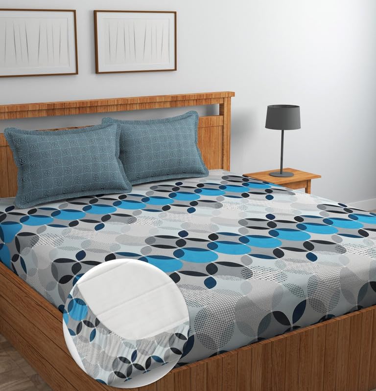 Image of NHD HOME Premium Microfiber All Round Elastic Fitted Bedsheets for Double Bed with 2 King Size Pillow Covers 220 TC Supersoft |Wrinkel Free Bed Cover Size - 72x78+8 inches | White Blue & Grey