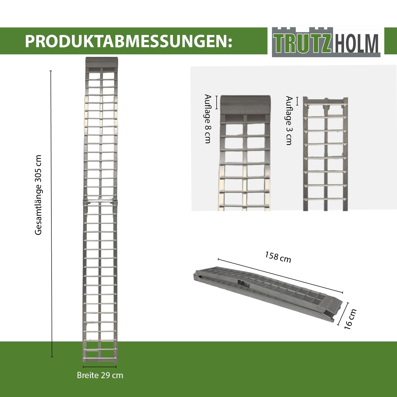 TRUTZHOLM Auffahrrampe klappbar 305 cm Traglast 272 kg Aluminium | Verladerampe für Motorrad Roller leichte Cruiser inkl. Spanngurt