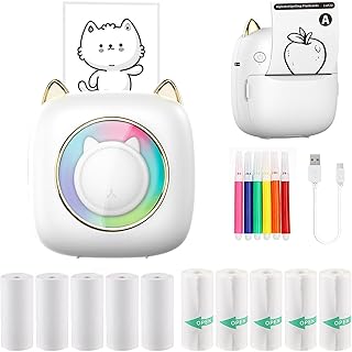 Yaslayp Mini Pocket Printer,Portable Bluetooth Pocket Thermal Sticker Printer with 5 Rolls Thermal Paper,5 Rolls Adhesive Sticker and 5 Pieces Color Pen for iOS & Android Photo, DIY Scrapbook
