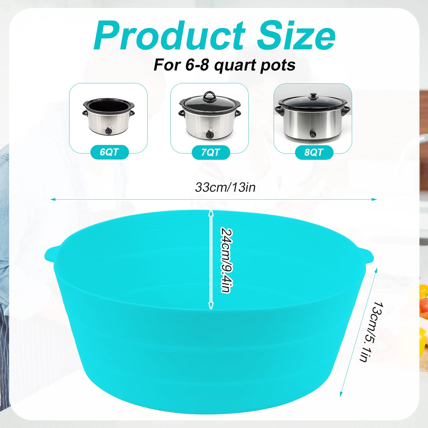 Pieghevole Fodera per Pentola a Cottura Lenta Compatibile con Crockpot 7-8 Qt, Riutilizzabile Silicone Slow Cooker Liner per Crockpot Pentole Ovali o Rotonde, Lavabile in Lavastoviglie (Blu)