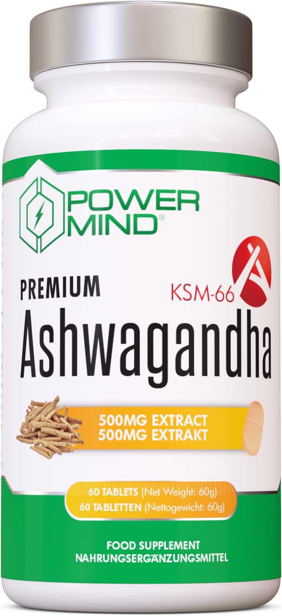 POWERMIND - Ashwagandha KSM-66 | 60 Veg Tablets | 500mg per Tablet | 2 Months Supply | Premium Quality Indian Ginseng with 5% withanolides