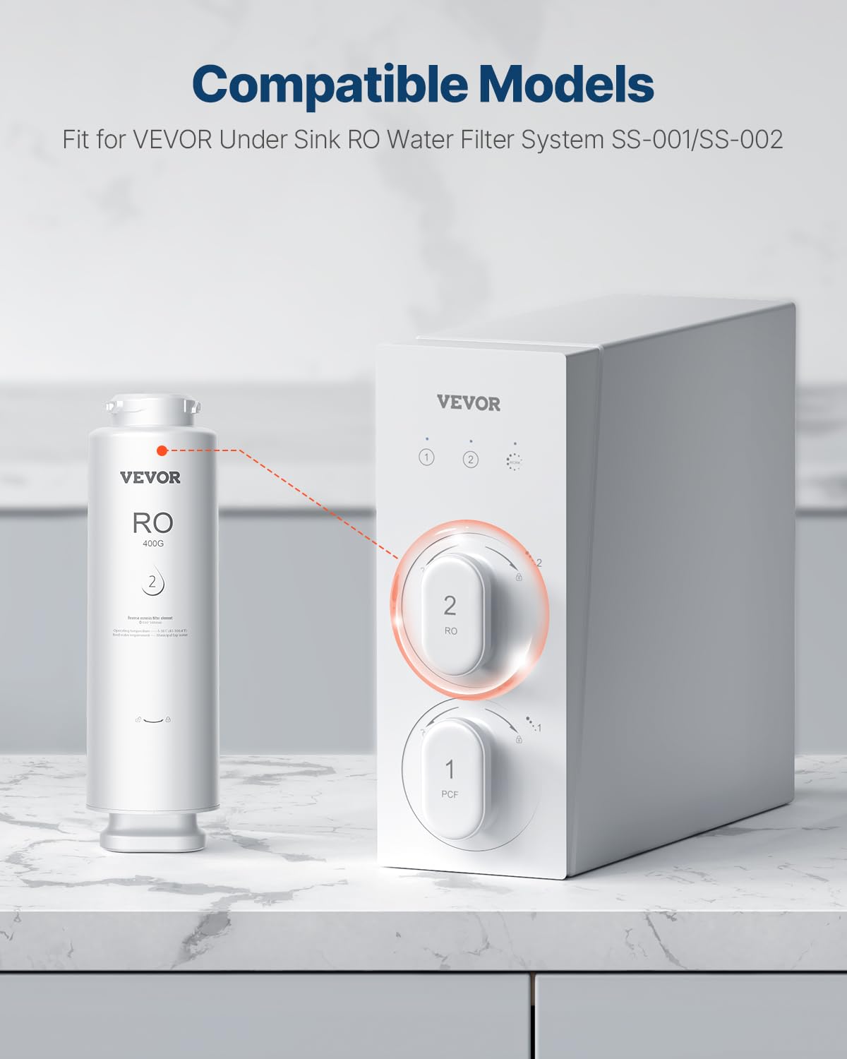 VEVOR Sistema de Ósmosis Inversa, 9 Etapas de 400 GPD, Cartucho de Filtro RO por 24 Meses, Reduce el Plomo, el Cloro y el Óxido, Compatible con el Filtro de Agua Fregadero SS-002, Φ 100 x 341 mm