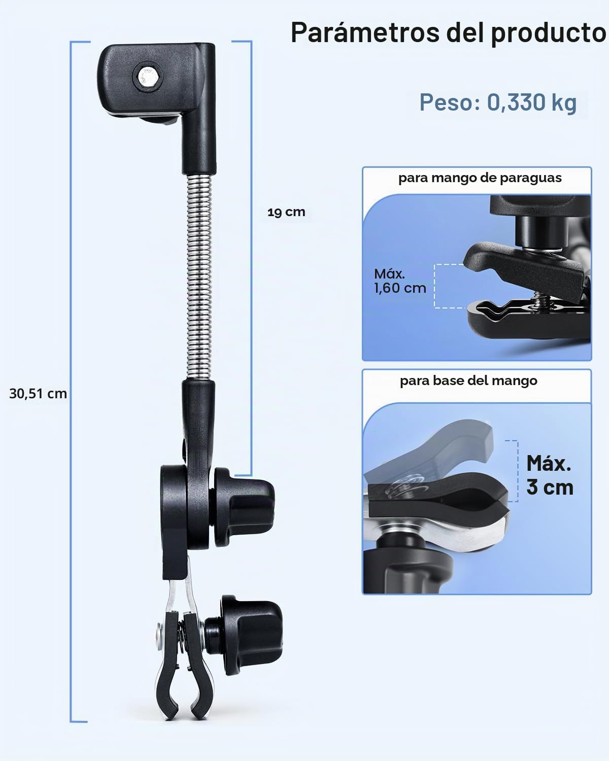 Soporte de paragua ajustable para andador, cochecito, scooter, accesorio universal para sombrilla, silla de playa y camping, bicicleta, silla de ruedas