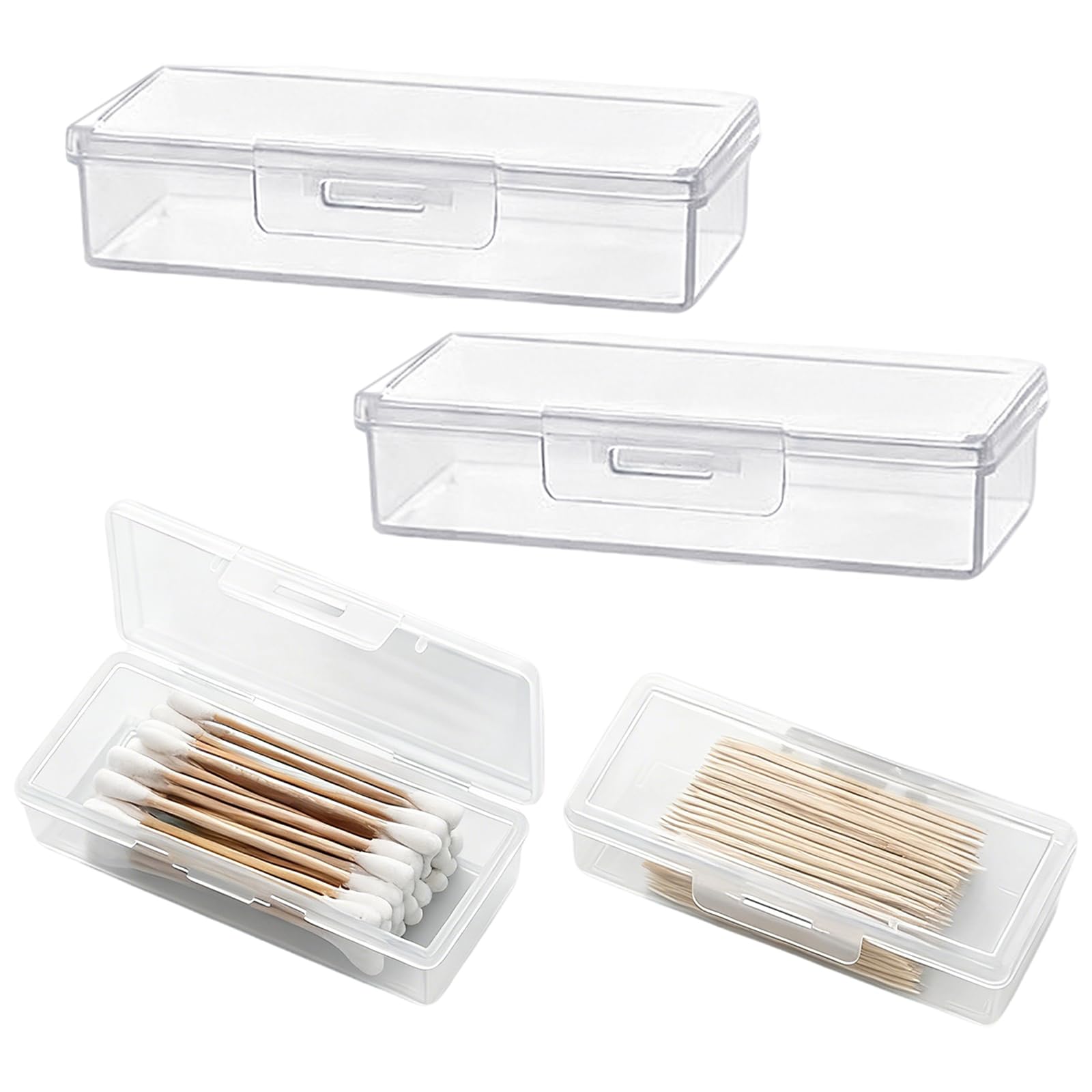 4PCS Transparent Cotton Swab Holder for Travel, Portable Refillable Plastic Storage Box with Lid - Dustproof Dispenser for Cotton Buds, Toothpicks, Q-Tips | Reusable Toiletry Organizer for Bathroom