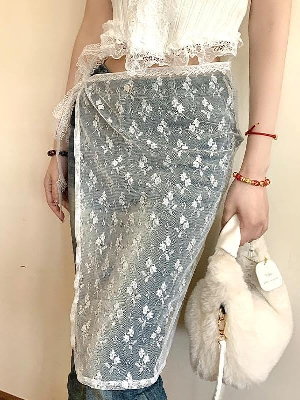 YEMOCILE Women's See Through Bow Lace Skirt Tie Up Mesh Midi Skirt Sheer Hip Covering Skirts2