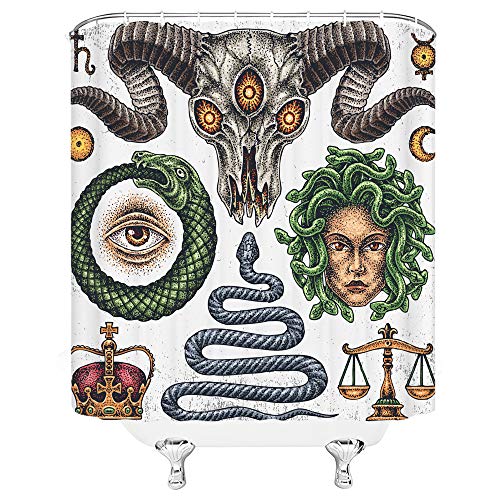 Feierman Medusa Cortina de ducha con diseño de serpiente de oveja calaveras griegas mitología cortina de baño de tela impermeable de poliéster con ganchos Cover