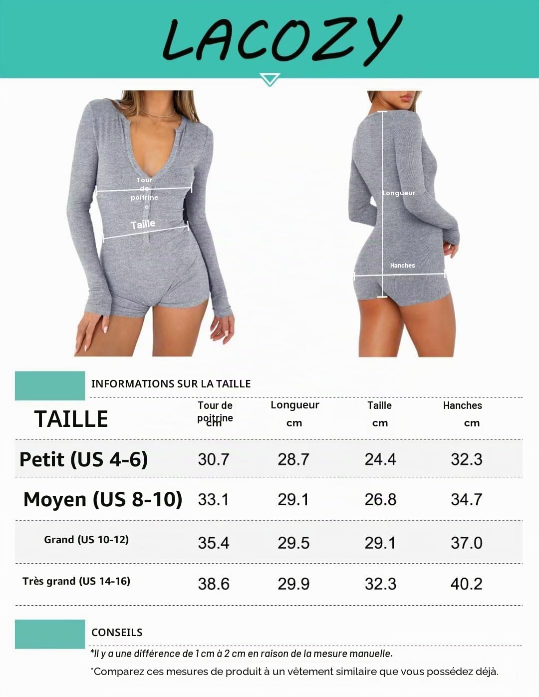 LACOZY Barboteuse sexy à manches longues et col en V pour femme Y2k - Combinaison moulante - Combinaison de sport