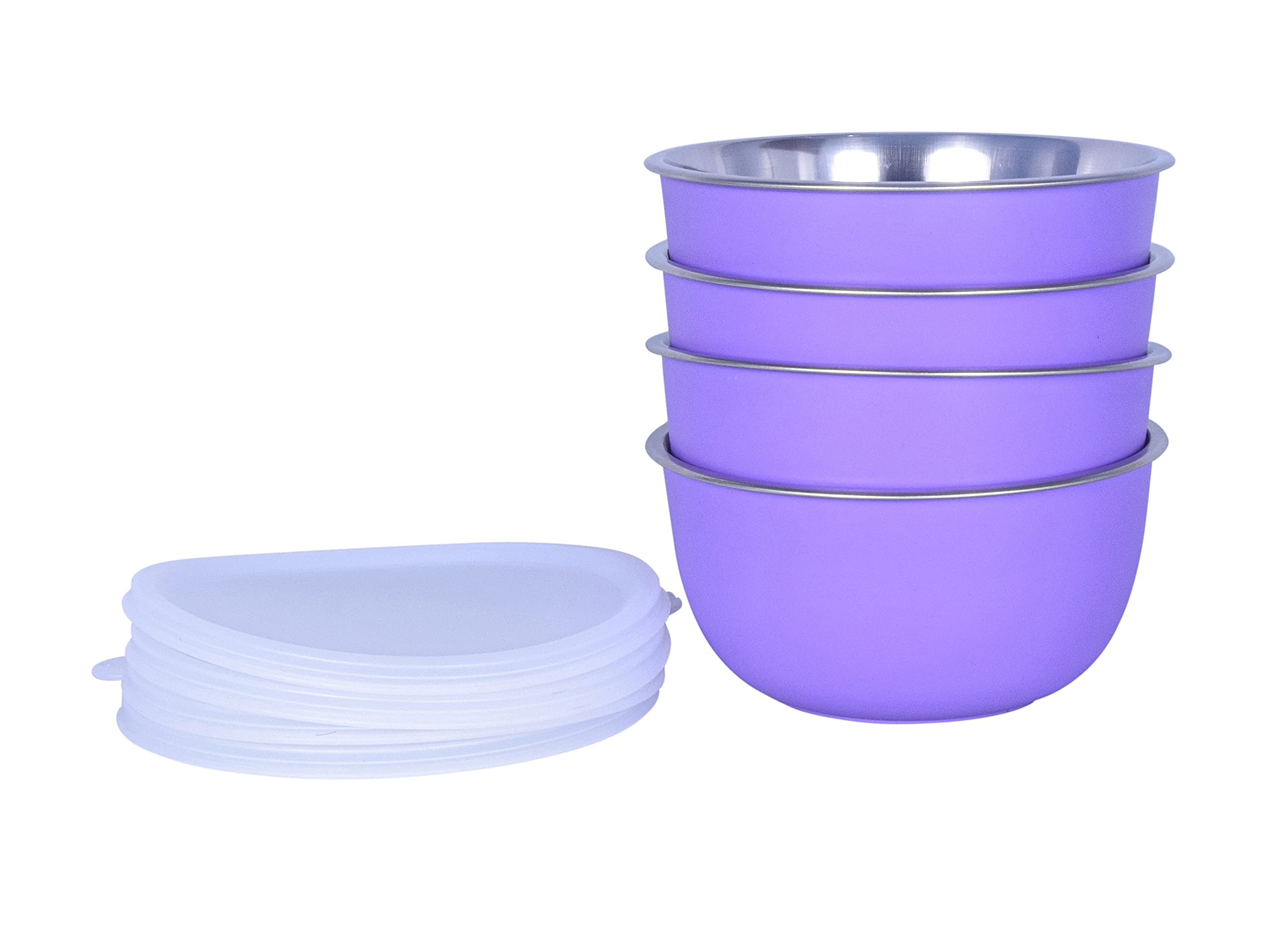 Zaib Microwave Safe Stainless Steel Plastic Coated Euro Bowl Set of 4 for Re-Heating, Serving Snacks, Curries etc. 500 ML Each (Purple)
