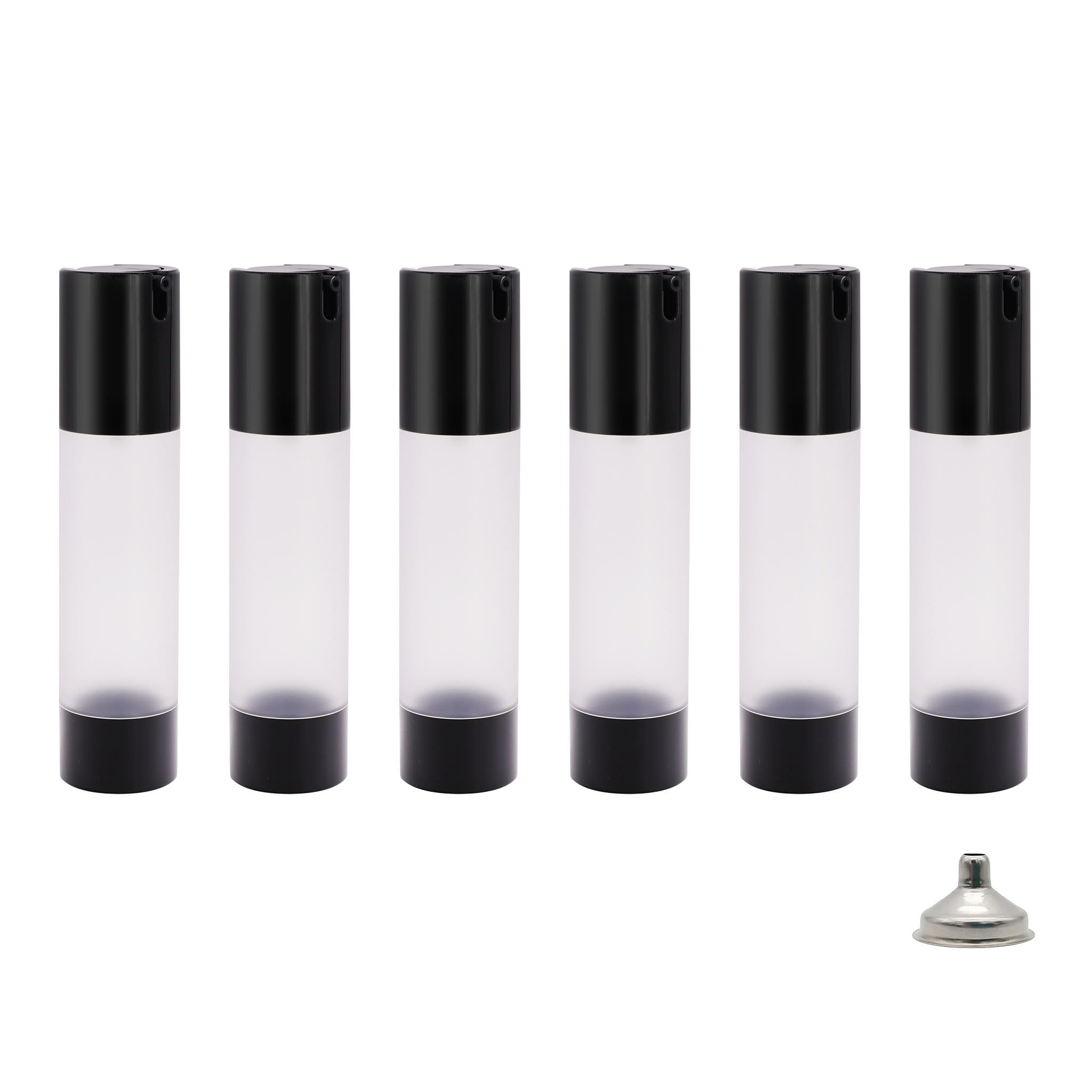 AJLTPA 6Pcs 1.7oz 50ml Frosted Transparent Airless Pump Bottles with Funnel, Travel Size Vacuum Dispenser Refillable Cosmetic Containers For Foundations, Cream, Serums, Shampoo, Lotion(Black)